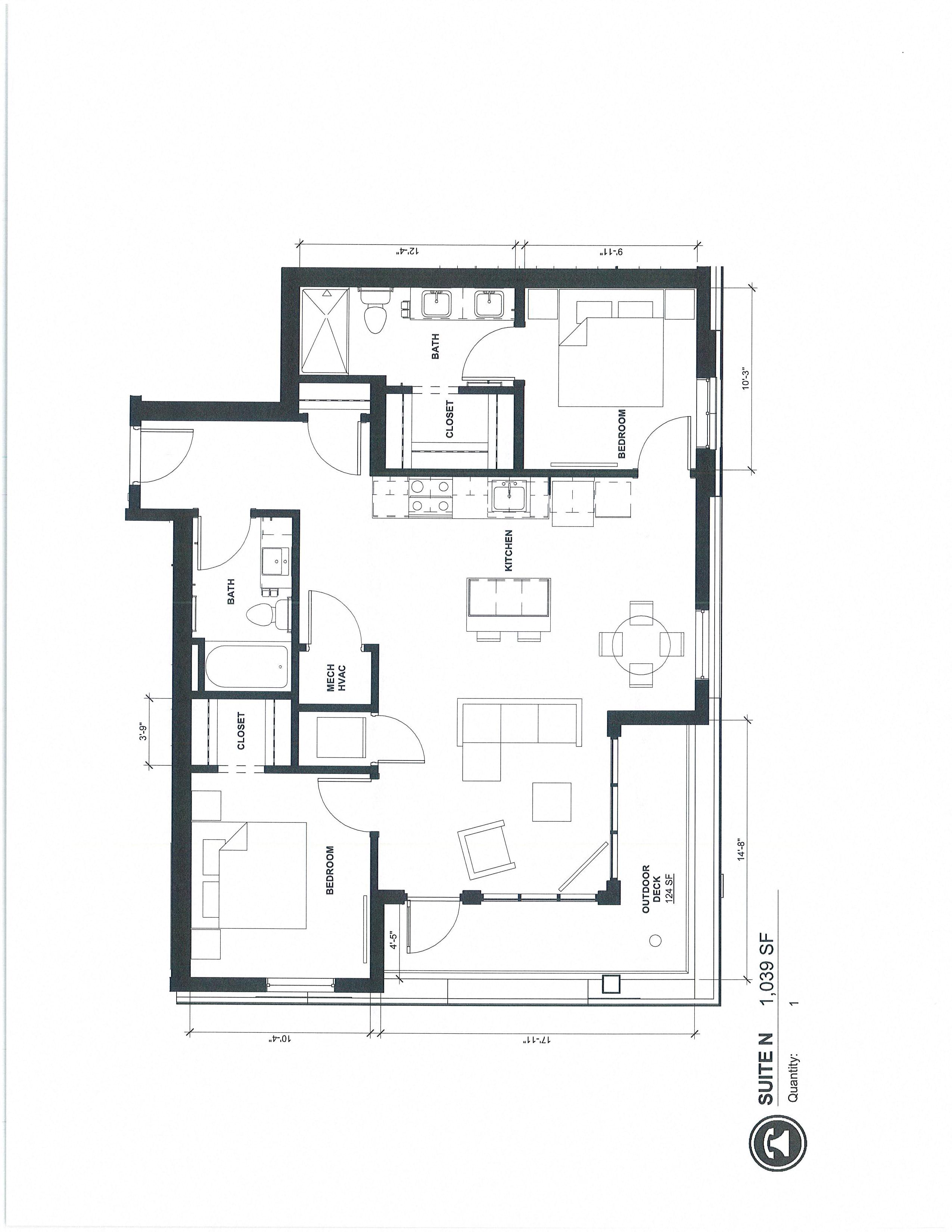 Floor plan for 2 beds, 1.8 baths, 1039 sqft